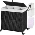 GREENSTELL Laundry Hamper with Wheels&Lid, 140L Large 3 Sections Clothes Hamp...