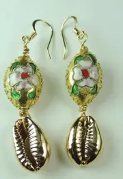 Floral Cloisonne Earrings Gold Cowrie Shells Handmade Jewelry