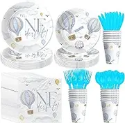 Hot Air Balloon 1st Birthday Party Supplies - Hot Air Balloon First Birthday Decorations, Tableware Set for 24 Guests