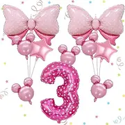 Zxvskr 10Pcs Minnie Balloon, Pink Mouse Birthday Number Mylar Foil Balloons Huge Bow Birthday Party Supplies for Mouse Theme Baby Shower 3rd Birthday Party Decorations