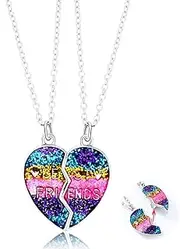[Kefley] Magnetic Bestie Friendship Necklaces for 2 Girls BFF Glitter Sequin Heart Rainbow Necklaces for Best Friend Birthday Christmas Xmas Gifts for Bestie Matching Necklace Set