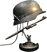 War Relic Lamp，Table Lamp Statue Made Out of World War II Soldier’s Helmet and Bayonet，Battle Lamp Made of Helmets， War Retro Resin Desk Lamp Souvenir Gift ，Remember History Gift (A Bright)