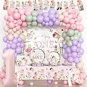 Fairy First Birthday Decorations, Flower Enchanted Themed 1st Party Supplies Tableware Set, Our Little Fairy is Turning One Backdrop Balloon for Floral Forest Garden One Year Old Birthday Girl