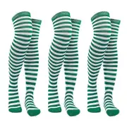 3 Pairs Striped Stockings Green White Contrast Color High Elasticity Anti-slip Over Knee Length Soft green/white B