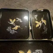 3-Piece Nested Lacquerware Geese Blk Tray Set Made In Japan ~ Vintage NEW in Box