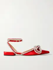 [MACH & MACH] MACH & MACH - Double Bow Crystal-embellished Satin Point-toe Flats - Red - IT37.5 IT 37.5 Red