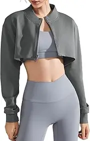[FEOYA] Women Cropped Workout Jacket Long Sleeve Zip Up Athletic Tops Gym Yoga Crop Top Half Sweatshirt Running Jackets