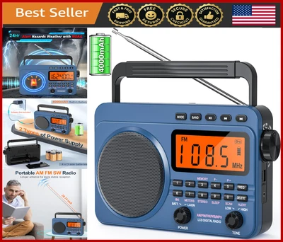 Portable AM FM Radio 4000mAh Rechargeable NOAA Alert USB/SD Playback Outdoor