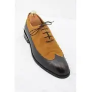 Handmade Two-Tone Camel Suede & Black Leather Oxford Brogue Shoe Lace Up Shoes