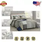 Stylish Reversible Patchwork Quilt Set in Navy, Gray, and Taupe - Twin Size