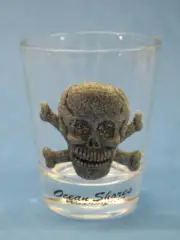 Liquor Shot Glass ~ OCEAN SHORES, Washington ~ Pewter Skull & Crossbones