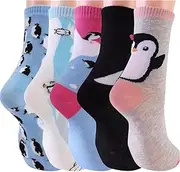[Generic] Penguin Pattern Crew Socks, 5 Pairs, Penguin Gift, Adult Size UK 4-8, Blue, White, Pink, Black, Grey, 8 US