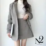 套裝 正韓素色兩釦厚棉顯瘦設計短裙西裝套裝(淺灰)N2