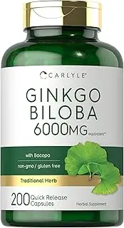 Ginkgo Biloba Capsules | 6000mg | 200 Count | Non-GMO, Gluten Free | by Carlyle