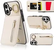 [VENINGO] iPhone 16 Case with Card Holder, iPhone 16 Wallet Case, Multifunctional Protective Leather PU Case with 360° Ring Stand Kickstand, Large Capacity Card Slot Phone Cover for iPhone 16, White