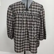 Barbour Lorelie Praline Plaid Check Tie Seersucker Peasant Top Women's 14 Plus