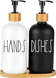 Glass Soap Dispenser Set, Contains Glass Hand Soap Dispenser and Glass Dish Soap Dispenser. Kitchen Soap Dispenser Set Suitable for Black and White Kitchen Decor. (Black & White)