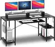 HYPIGO Workstation Desk with Keyboard Tray, 55 Inch Computer Desk with Storage Shelves Monitor Stands and 4 Iron Hooks, Industrial Desk for Home Office