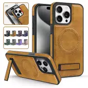 For iPhone 15 14 13 12 11 Pro Max Shockproof Leather Magsafe Holder Phone Case
