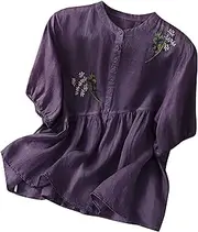 [DOVWOER] Women's Cotton Linen Button Down 3/4 Sleeves Embroidery Tunic Tops Blouse