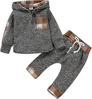 [MEKILYN] 2PCs Baby Lattice Pocket Grey Hoodies Top + Long Pants Winter Fluff Lining Clothes Set