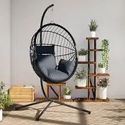 Anthracite Rattan Hanging Egg Chair with Stand | Swing Design Steel Frame | Outdoor/Indoor Patio Swing Seat
