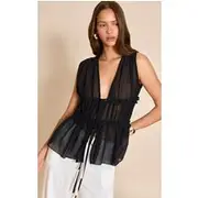 Black Chiffon Tie Front Top, Black