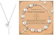 [zocare] First Communion Pearl and Crystal Cross Bracelet and Necklace Gift Set for Children, Medium, Pearl