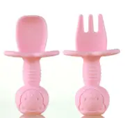 PINK Baby Spoon & Fork Toddler Utensils Self Feeding Training Silicone Cutlery Sets
