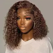 Dark Brown Deep Wave Curly Short Bob Hair Wig Hair 13X4 Transparent Lace Front Wig Remy For Women 180 Density 8 Inch 4