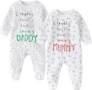 [AOMOMO] Baby Rompers 2-Pack | “I Love Mummy & Daddy” Print | 100% Cotton Newborn Bodysuits | Unisex, Soft & Breathable Sleepsuits for Boys & Girls