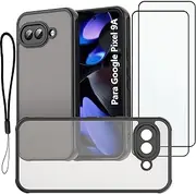 USTIYA 2X Screen Protector + Case for Google Pixel 9A Protection Matte Acrylic Protect Camera Phone Lanyard Tempered Glass Film, Cover Black