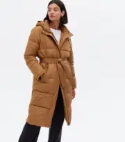 New Look Innes Belted Longline Padded Coat Jacket Tan Brown UK Size 14 EU 42