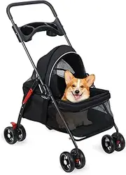 Pet Cat Dog Stroller 4 Wheels Jogger Puppy Travel Carrier Portable Doggie Cage Strolling Cart with Cup Holders, Breathable and Visible Mesh Outdoor Travel Pet Folding Stroller Black