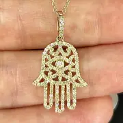 0.56CTW Real Diamond 14K Real Gold Hamsa Pendant Necklace 16"