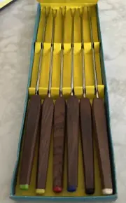 NEW Vintage In Box Puralum 6 Fondue Forks wood & Stainless Steel Color Coded