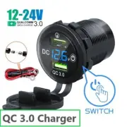 Dual QC 3.0 12V Car Charger USB Socket W/Switch Voltmeter And LED Indicator