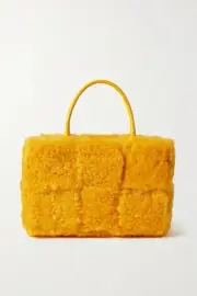 BOTTEGA VENETA Arco leather trim yellow intrecciato woven shearling tote bag