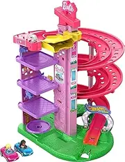 [Hot Wheels] Toy Cars & Tracks, RacerVerse Barbie Spiral Race Playset with Barbie “Malibu” & Barbie “Brooklyn” Die-Cast Cars, 5-Levels, Dual Tracks