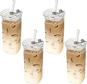 4Pcs Square Glass Water Bottles, 400ml 2x5in Drinking Cups with Lids & Straws for Coffee, Juice
