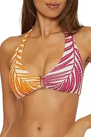 [Trina Turk] Women's Standard Sheer Halter Bikini Top, Adjustable, Tie Back, Tropical Palm Leaf Print, Swimwear Separates