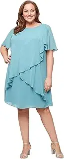 [S.L. Fashions] Women's Chiffon Tulip Overlay Mother of The Bride Dress W/Short Sleeves & Bugle Bead Detail (Plus Size)