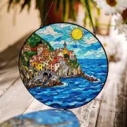 Coastal Town With Sun In Mediterranean Suncatcher, Stained Glass Home Decor Gift
