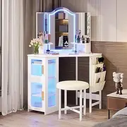 LVSOMT Dressing Table with Mirror and Lights, Charging Station, Corner Makeup Vanity with Storage Cabinet and Shelves, Modern Vanity Set with Stool for Bedroom (White)