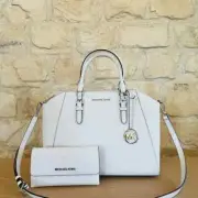 MICHAEL KORS LARGE CIARA LEATHER SATCHEL HANDBAG WALLET WHITE SILVER NWT