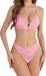 [Donnalla] Lingerie Sets for Women Sexy Lace Bra and Panty Set, Floral Front Closure No Padded Bralette and T-back Thong