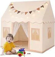 KIDBOT Kids Play Tent Indoor, with 3 Breathable Windows, Star Lights & Flag Banner Included, Large Playhouse for Kids, Toddler Tent for Boys & Girls, Beige