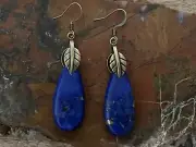 Gorgeous Blue Imperial Jasper Teardrop Pendant Earrings With Bronze Leaf Bezel