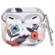 Apple Airpod Pro Case - Cute Flowers & Boho Floral Design Protective Shockproof Clear Silicone Cover With Clip Keychain - Supports Wireless Qi Charging for Airpods Pro Generation 1 - Green Flowers