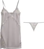 [JINZIJINYU] Babydoll for Women Sexy Deep V Lace Embroidered Nightdress Home Service Slit Temptation Thin Pajama Set